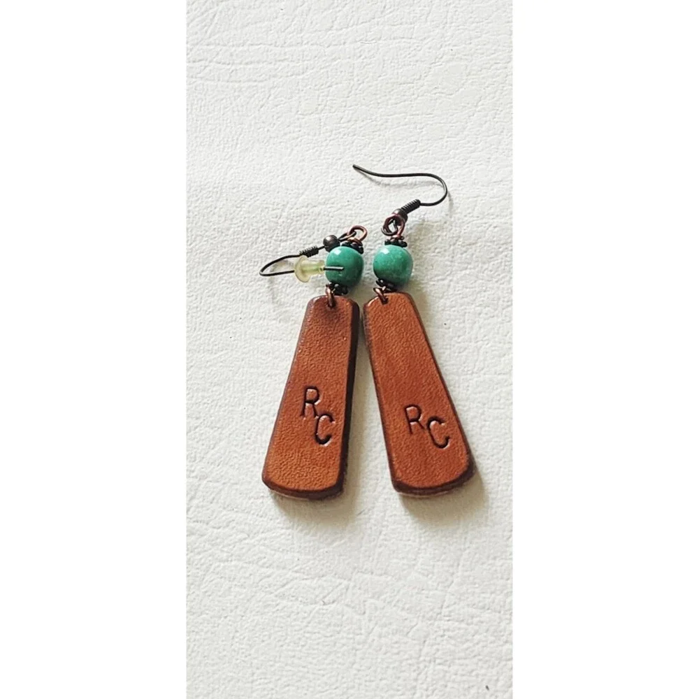 Vintage Silver Tone Picture Jasper Dangle Leather Earrings Signed RC